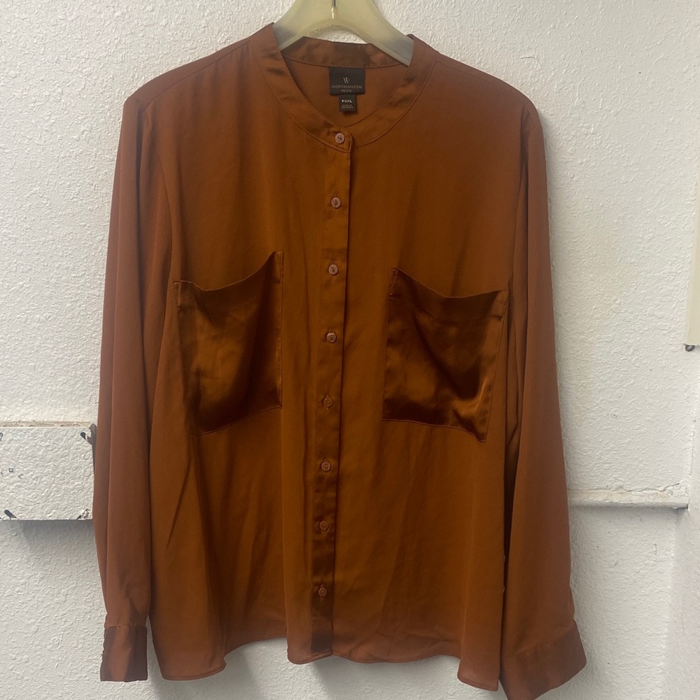 Worthington Rust-Brown Band Collar Button-Up Blouse - Picture 3 of 7